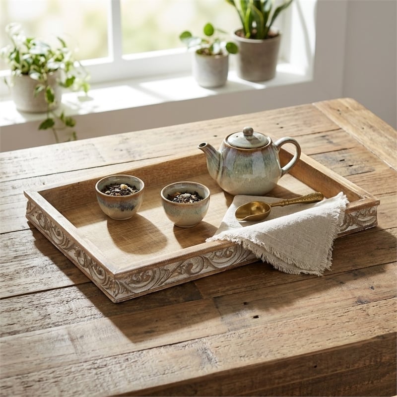 Dahlia Elegant Brown & White Wood Tray with Side Carvings