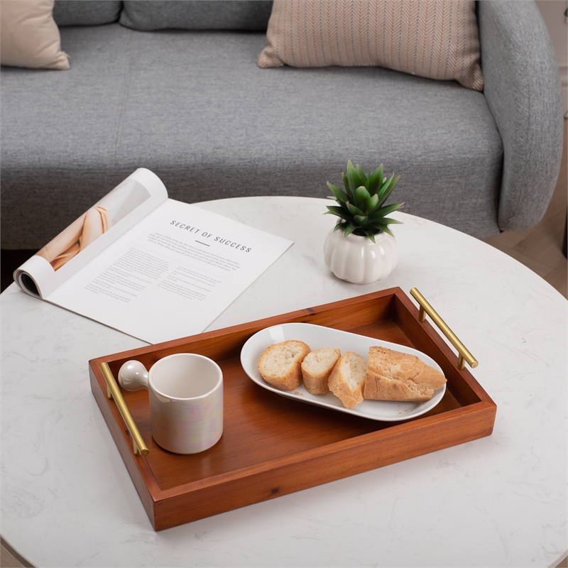 Coran Wooden Rectangle Tray - Gold Metal Handles -