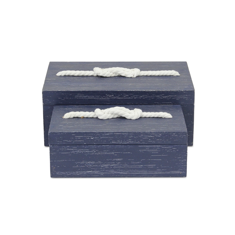 Caler 2 Piece Rectangular Blue Wood Storage Box Set with White Rope Accent
