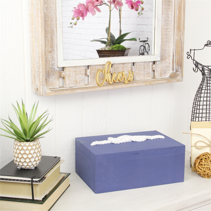 Caler 2 Piece Rectangular Blue Wood Storage Box Set with White Rope Accent