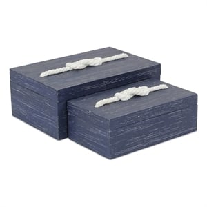 Caler 2 Piece Rectangular Blue Wood Storage Box Set with White Rope Accent