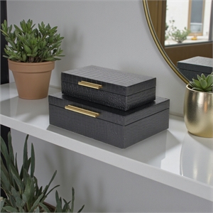 Lusan Rectangular Decorative Box Set - Black Faux Croco