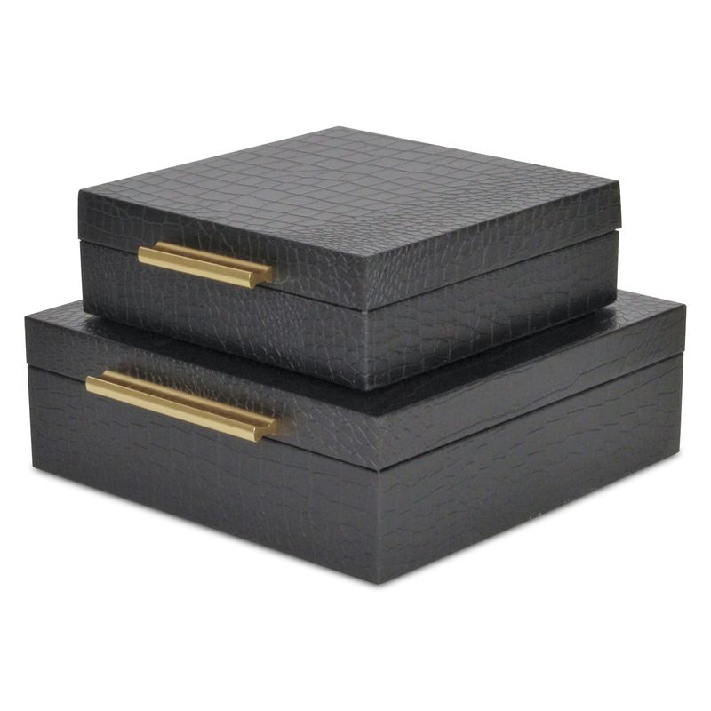 Lusan Square Decorative Box Set - Black Faux Croco