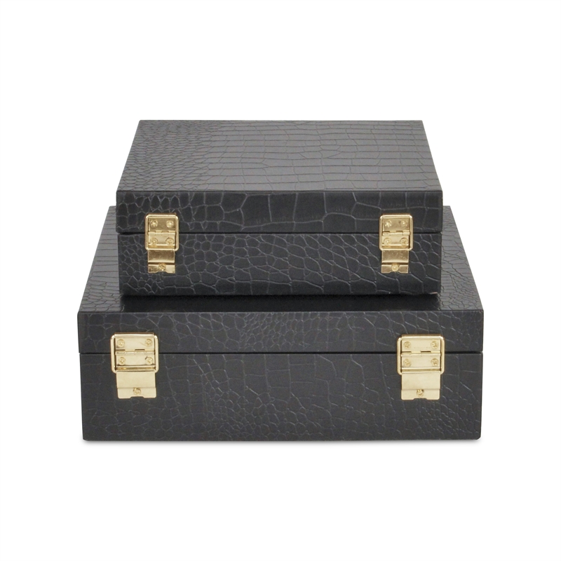 Lusan Square Decorative Box Set - Black Faux Croco
