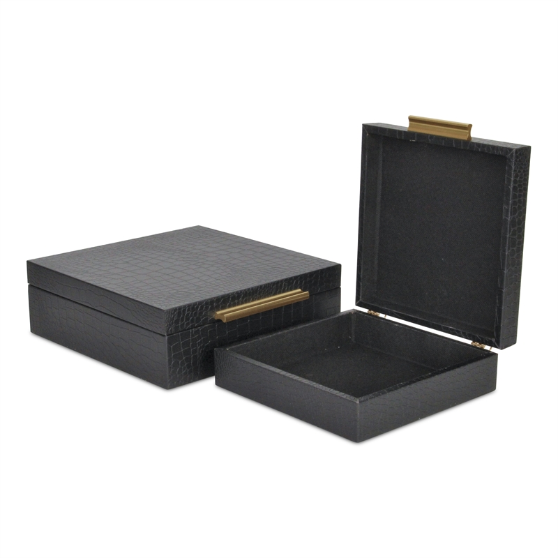 Lusan Square Decorative Box Set - Black Faux Croco