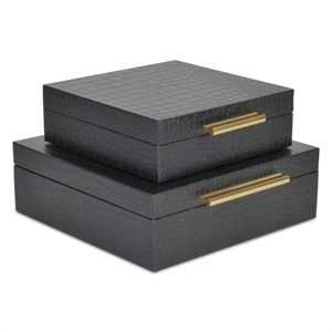 Lusan Square Decorative Box Set - Black Faux Croco