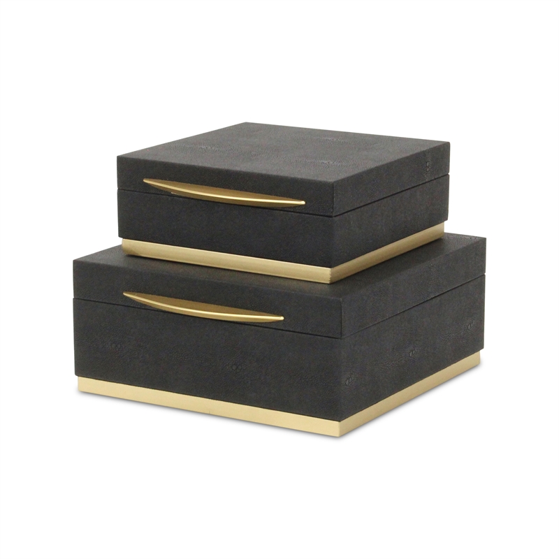 Zynova Square Gold Accented Box Set - Black Faux Shagreen - Gold Metal Base -