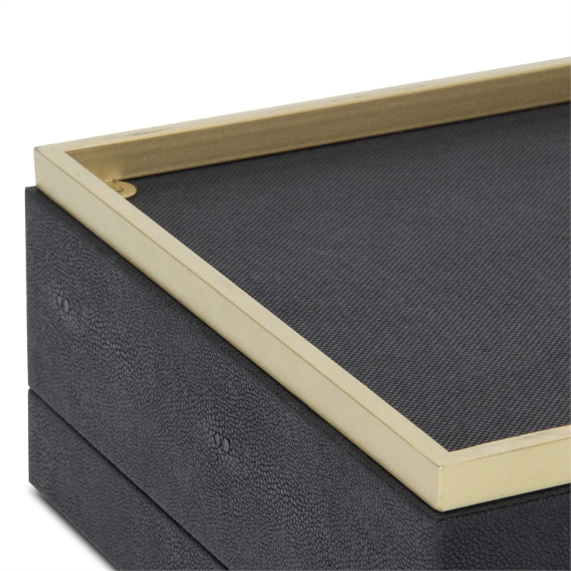 Zynova Square Gold Accented Box Set - Black Faux Shagreen - Gold Metal Base -