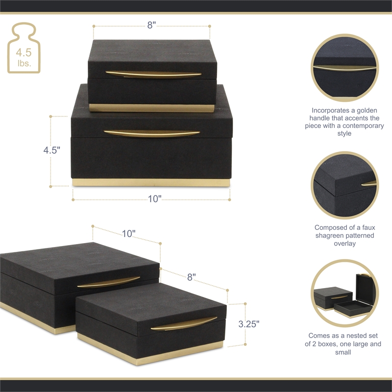 Zynova Square Gold Accented Box Set - Black Faux Shagreen - Gold Metal Base -