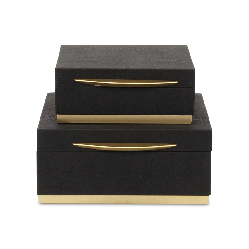 Zynova Square Gold Accented Box Set - Black Faux Shagreen - Gold Metal Base -