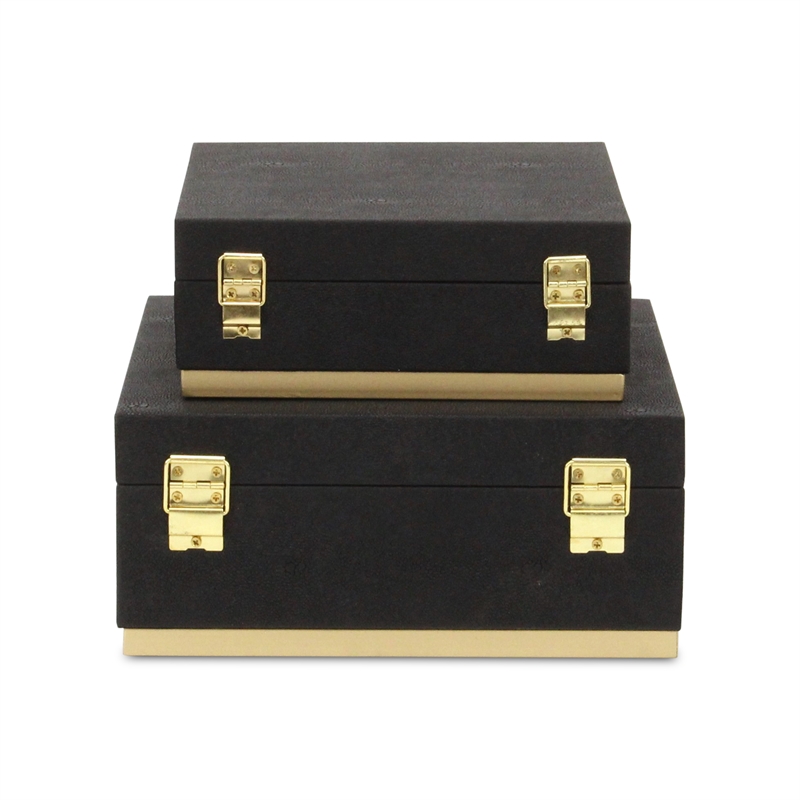 Zynova Square Gold Accented Box Set - Black Faux Shagreen - Gold Metal Base -