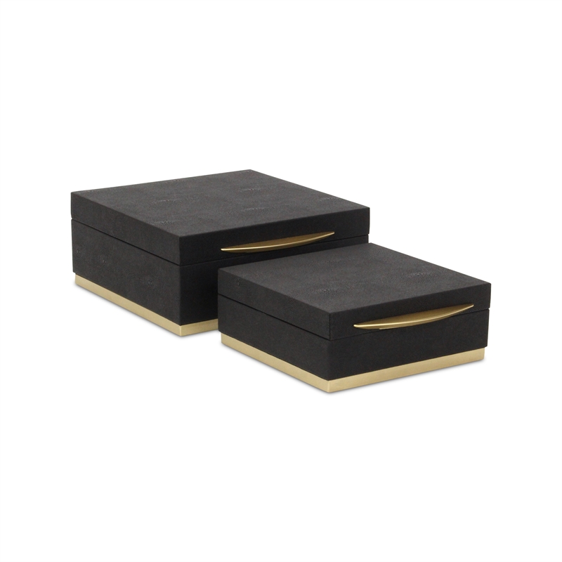 Zynova Square Gold Accented Box Set - Black Faux Shagreen - Gold Metal Base -