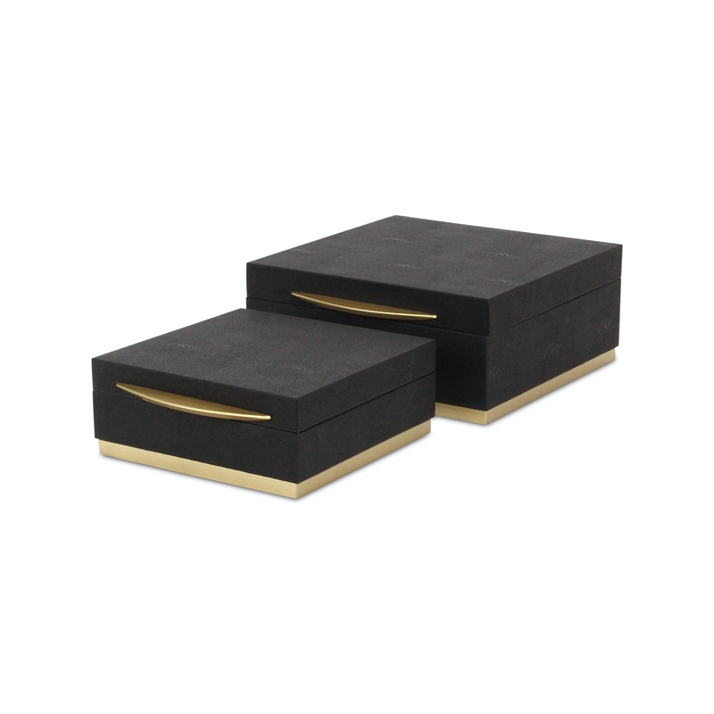 Zynova Square Gold Accented Box Set - Black Faux Shagreen - Gold Metal Base -