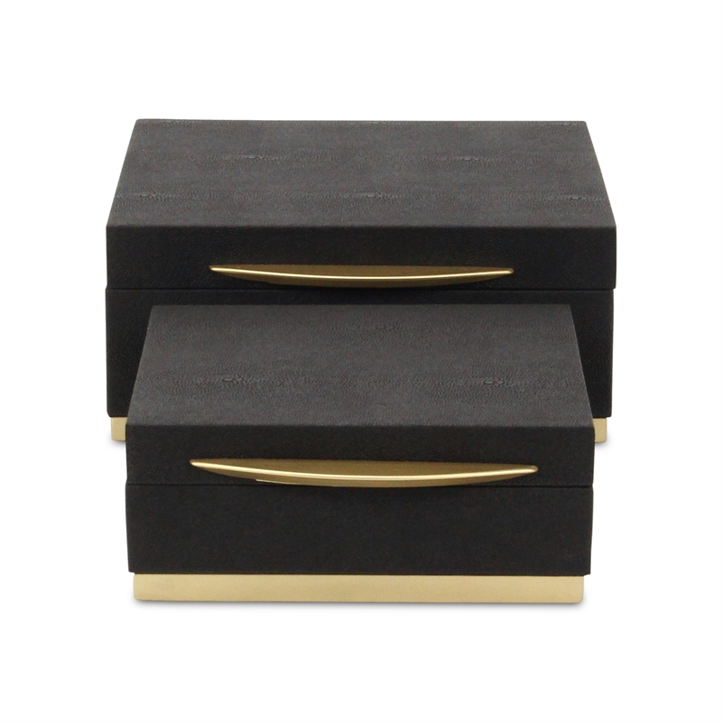 Zynova Square Gold Accented Box Set - Black Faux Shagreen - Gold Metal Base -