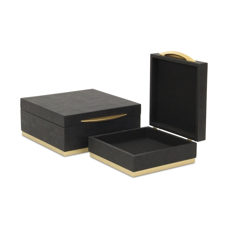 Zynova Square Gold Accented Box Set - Black Faux Shagreen - Gold Metal Base -