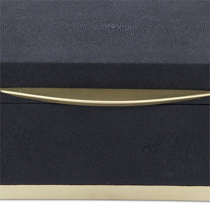 Zynova Square Gold Accented Box Set - Black Faux Shagreen - Gold Metal Base -
