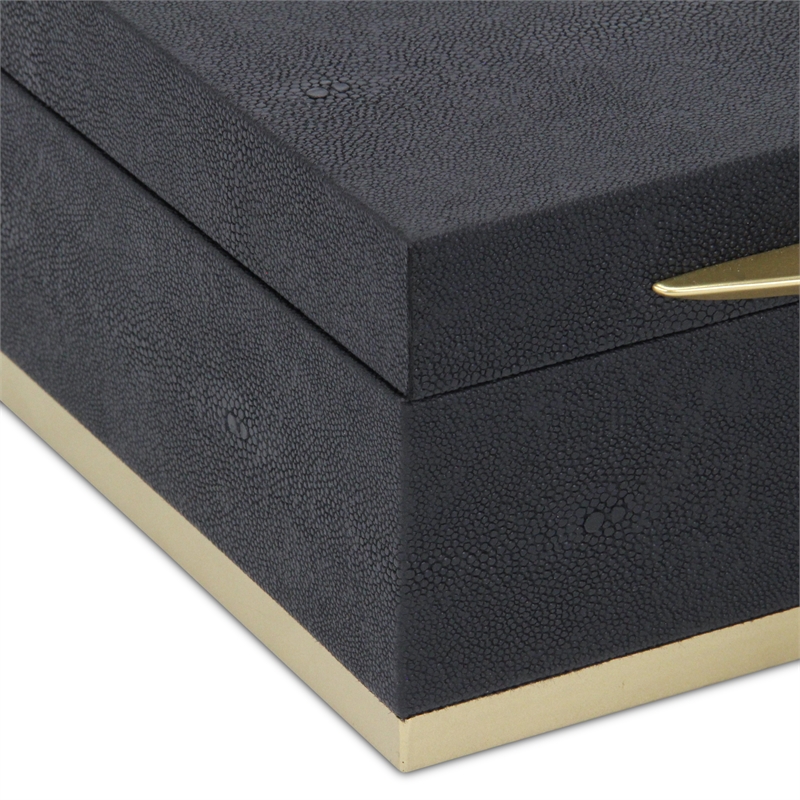 Zynova Square Gold Accented Box Set - Black Faux Shagreen - Gold Metal Base -