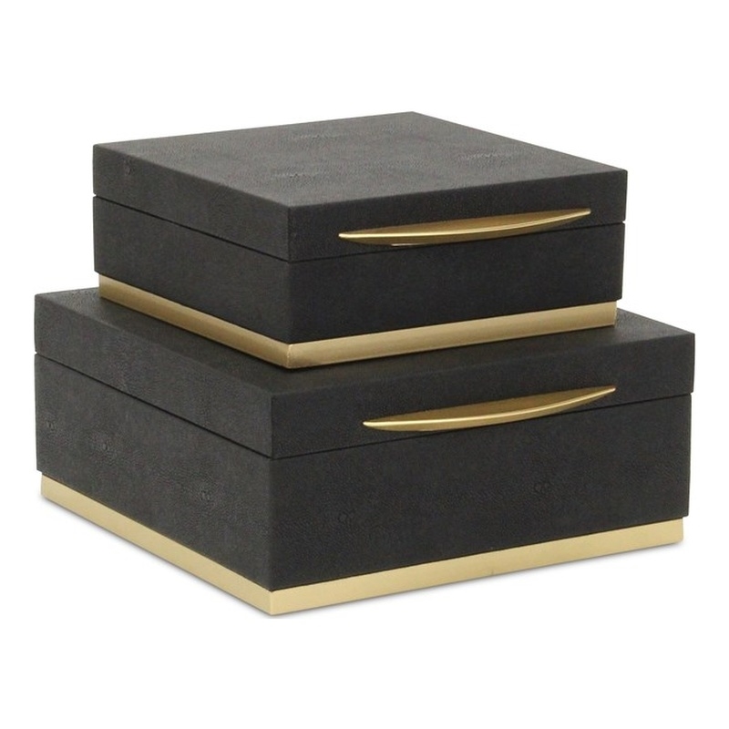 Zynova Square Gold Accented Box Set - Black Faux Shagreen - Gold Metal Base -