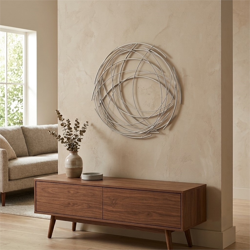 Denine Large Abstract Round Wall Art - Silver