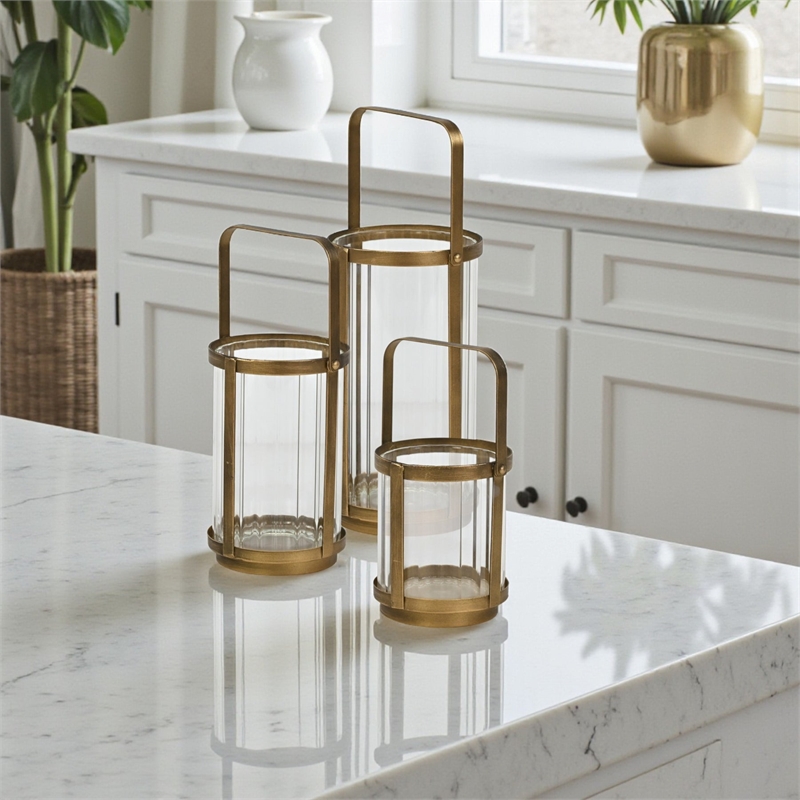 Vortial Fluted Glass Candle Lantern with Gold Metal Frame - Large