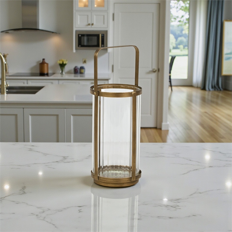 Vortial Fluted Glass Candle Lantern with Gold Metal Frame - Large