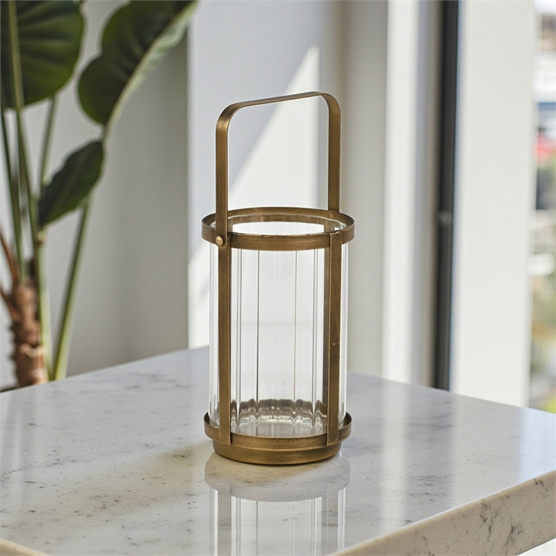 Vortial Fluted Glass Candle Lantern with Gold Metal Frame - Medium