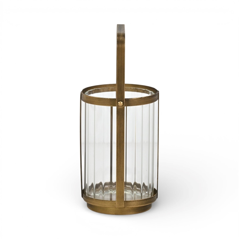 Vortial Fluted Glass Candle Lantern with Gold Metal Frame - Medium