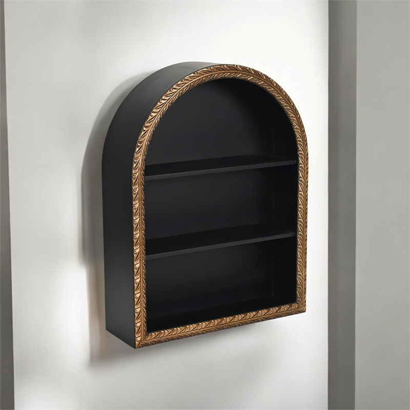 Mireza Ornate Framed Black & Gold 3 Tier Wooden Wall Shelf
