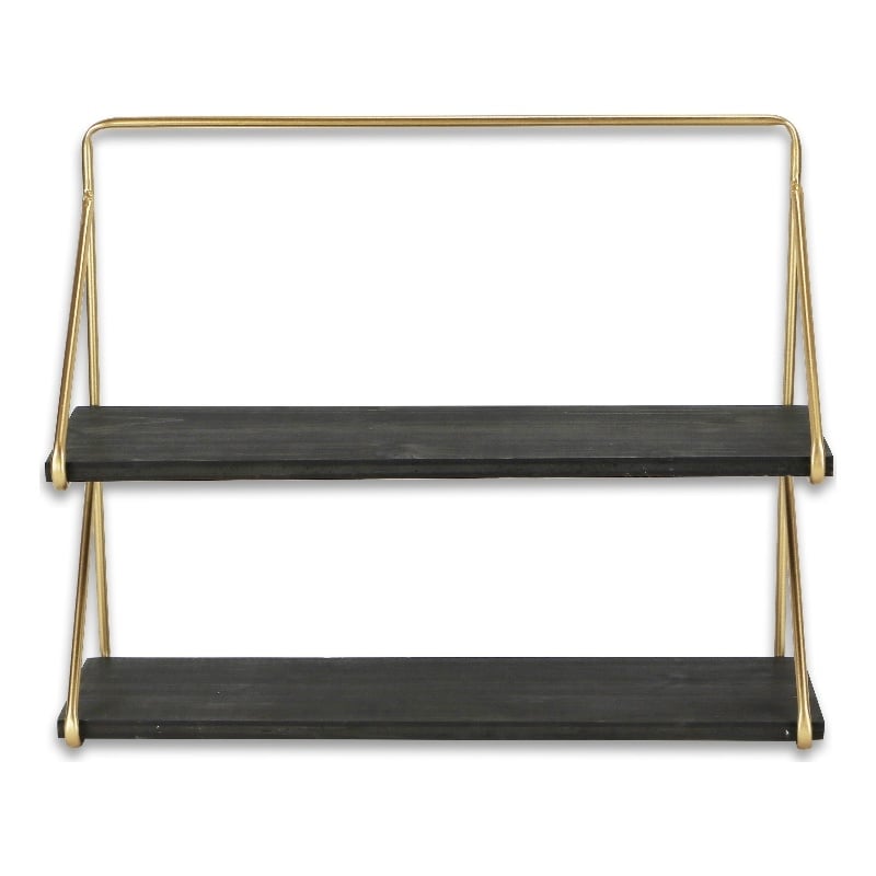 Nicasia 2 Tier Brown & Gold Wood Wall Shelf
