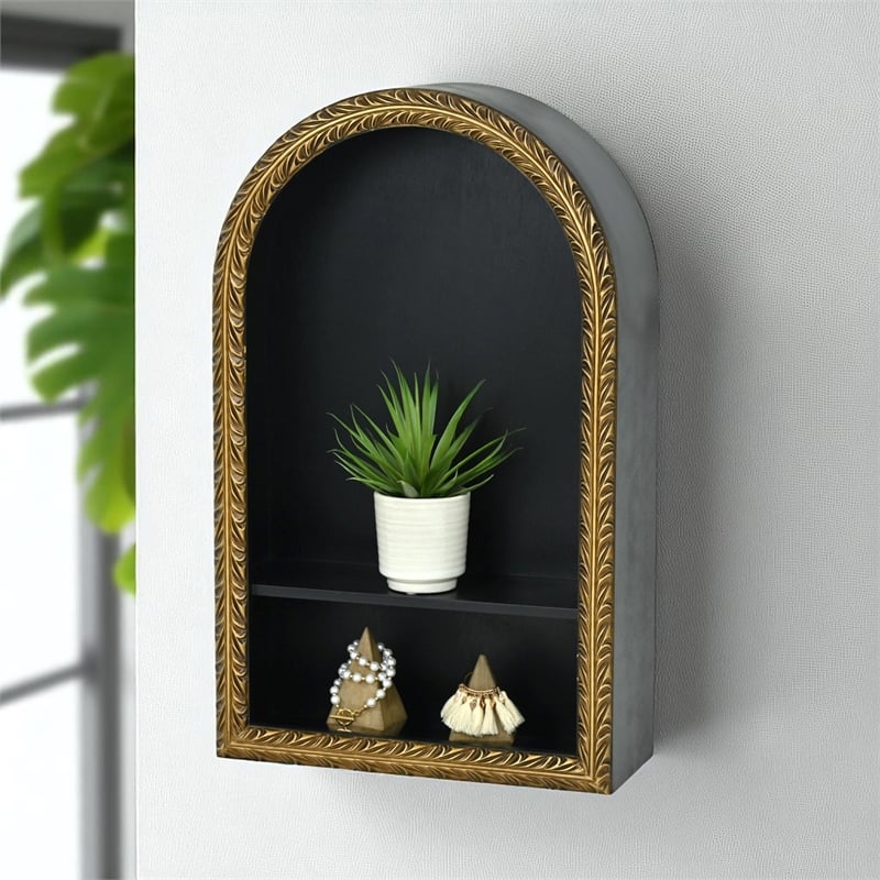 Mireza Ornate Framed Black & Gold 2 Tier Wooden Wall Shelf