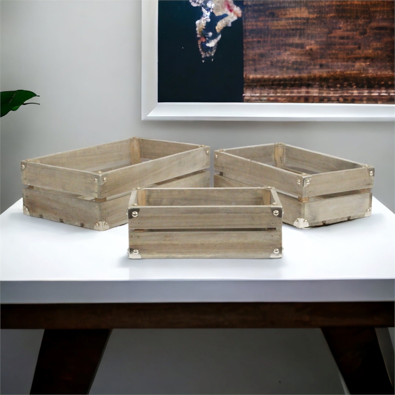 Rustic Farmstead Studded Rectangular Wood Crate Set