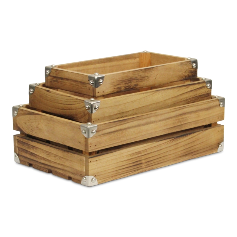 Rustic Farmstead Dark Brown Studded Rectangular Wood Crate Set