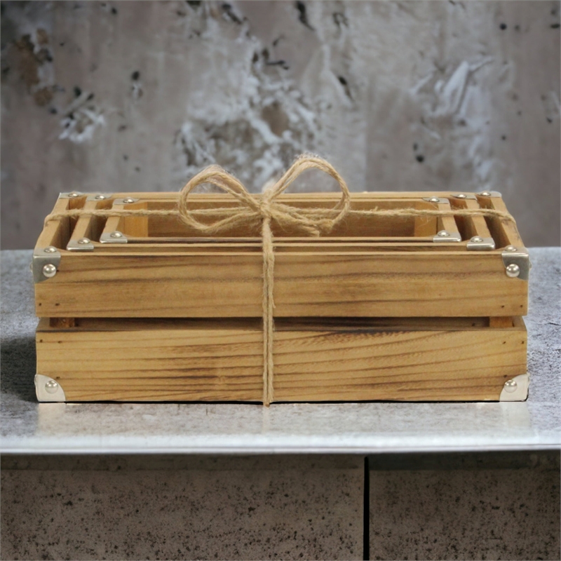 Rustic Farmstead Dark Brown Studded Rectangular Wood Crate Set
