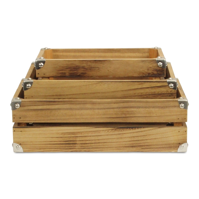 Rustic Farmstead Dark Brown Studded Rectangular Wood Crate Set