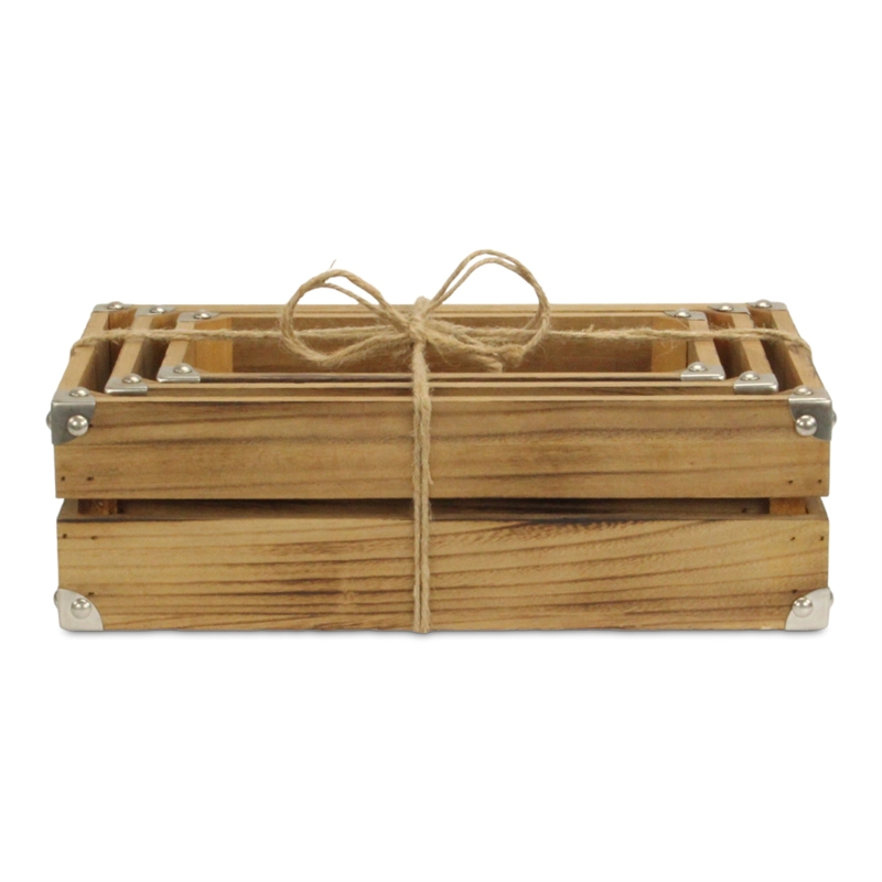 Rustic Farmstead Dark Brown Studded Rectangular Wood Crate Set