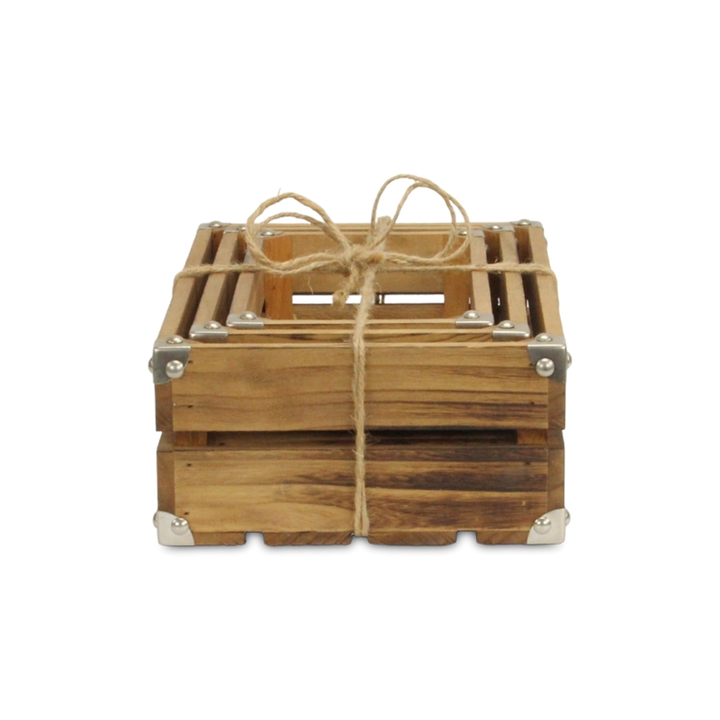 Rustic Farmstead Dark Brown Studded Rectangular Wood Crate Set