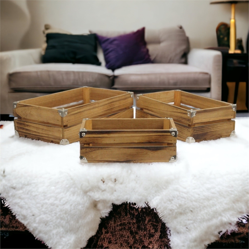Rustic Farmstead Dark Brown Studded Rectangular Wood Crate Set