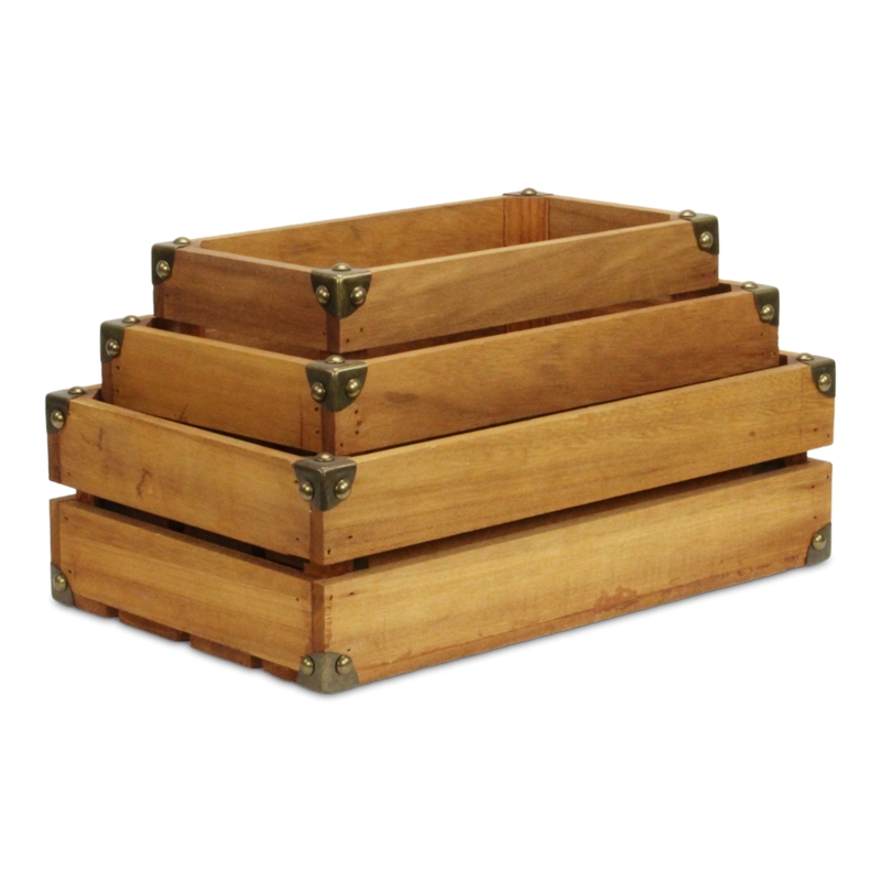 Rustic Farmstead Medium Brown Studded Rectangular Wood Crate Set