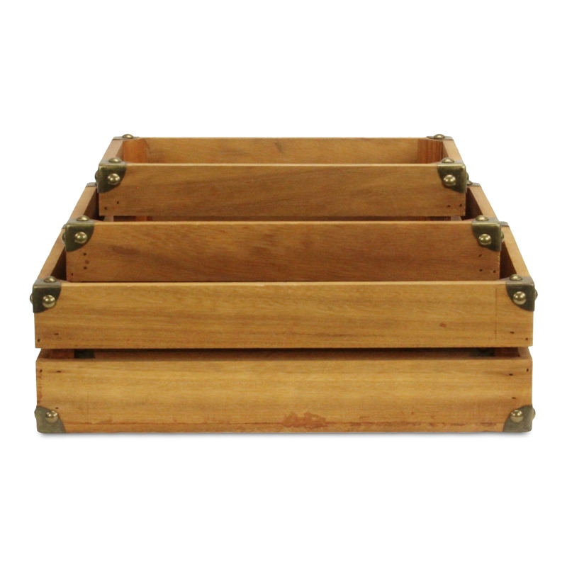 Rustic Farmstead Medium Brown Studded Rectangular Wood Crate Set