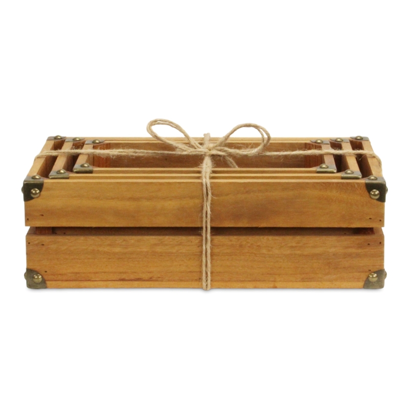 Rustic Farmstead Medium Brown Studded Rectangular Wood Crate Set