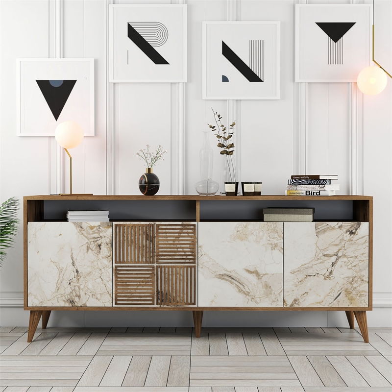 ASIR Hanah Home Milan Console in Walnut and White Marble