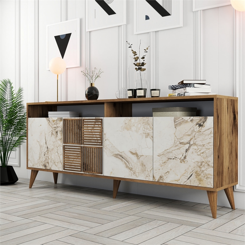 ASIR Hanah Home Milan Console in Walnut and White Marble
