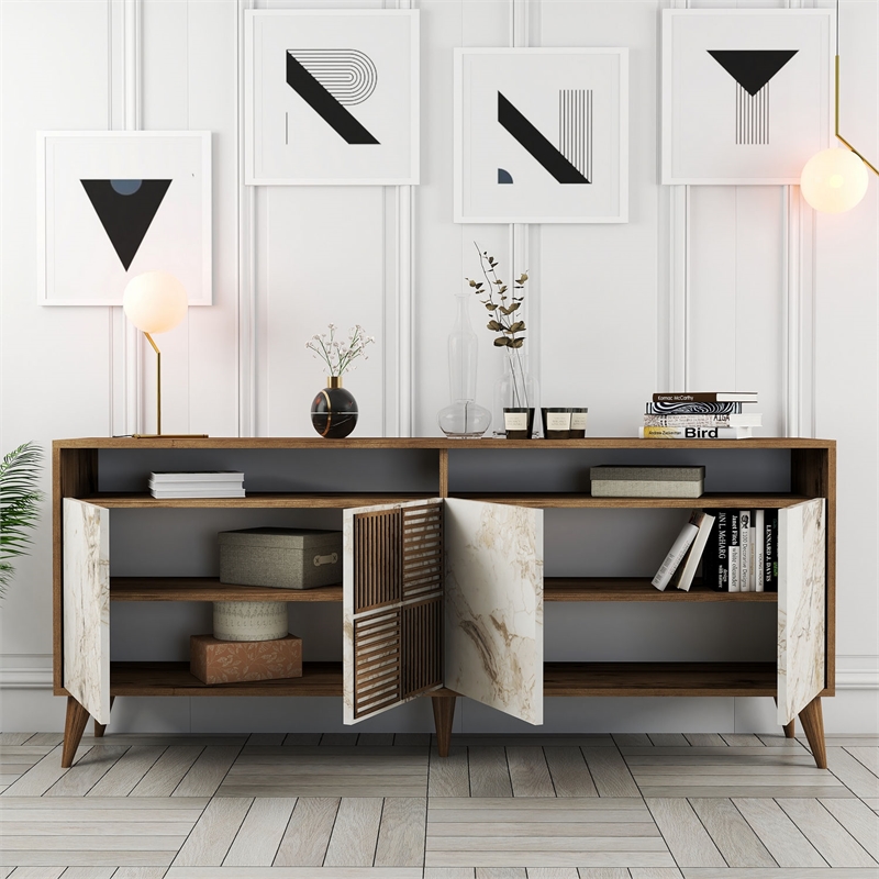 ASIR Hanah Home Milan Console in Walnut and White Marble