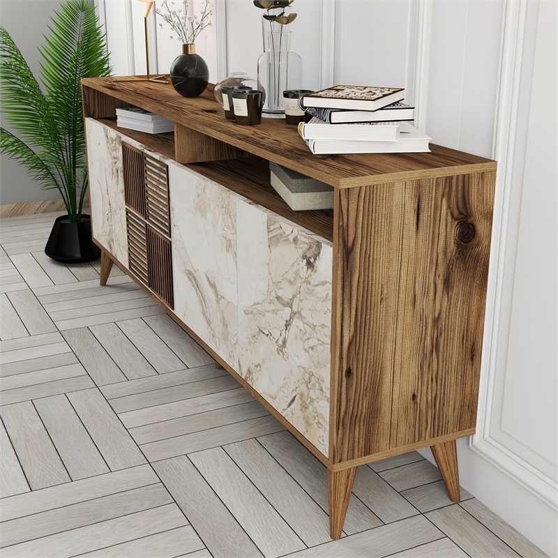 ASIR Hanah Home Milan Console in Walnut and White Marble