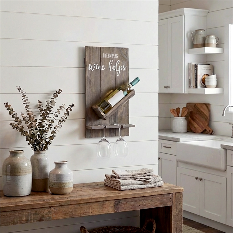 Sarlat Wine Bottle Wall Decor Shelf in Rustic Gray