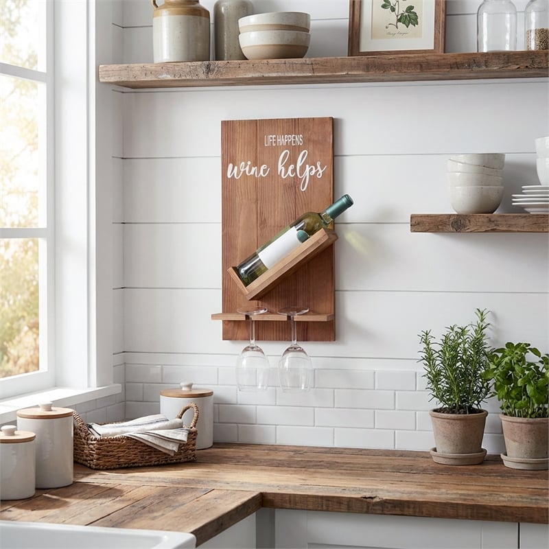 Sarlat Wine Bottle Wall Decor Shelf in Rustic Wood