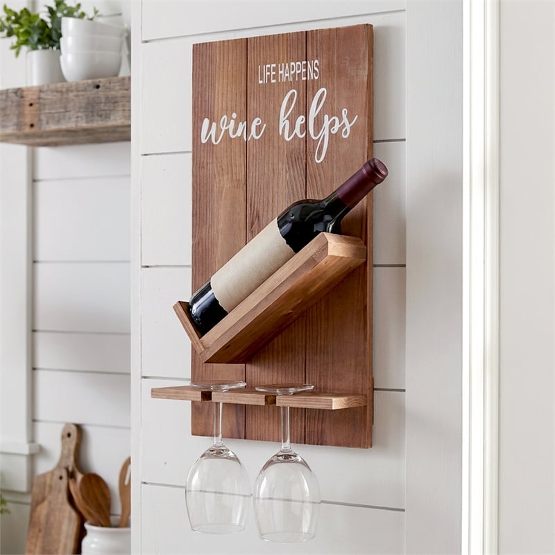 Sarlat Wine Bottle Wall Decor Shelf in Rustic Wood