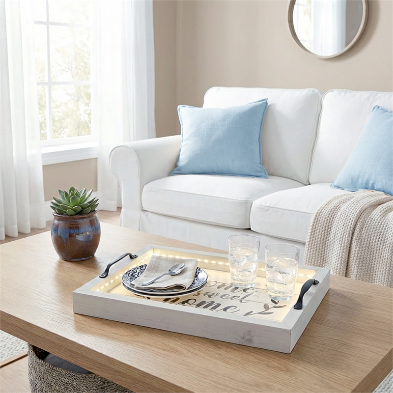 Verona Home Sweet Home Wooden Serving Tray with LED in White & Black