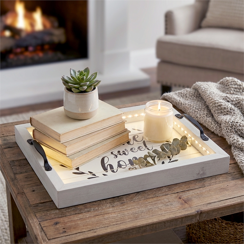 Verona Home Sweet Home Wooden Serving Tray with LED in White & Black