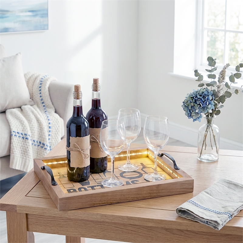 Verona Bottoms Up Wooden Serving Tray with LED in Wood & Black